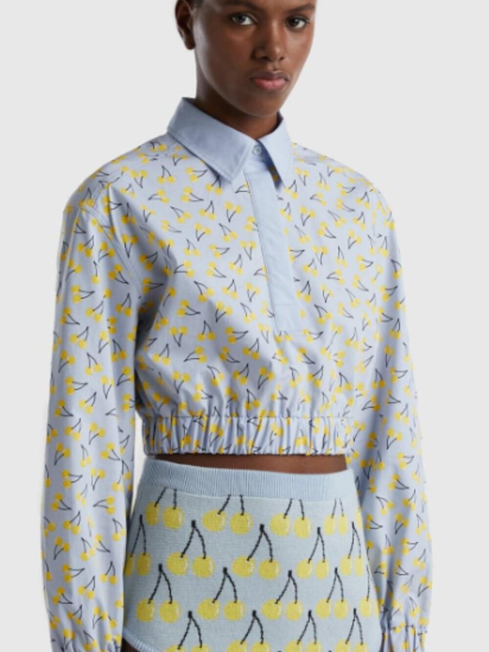 NWT Benetton Yellow Cherry Light Blue Cropped Poplin Shirt XS Cotton Blouse Top